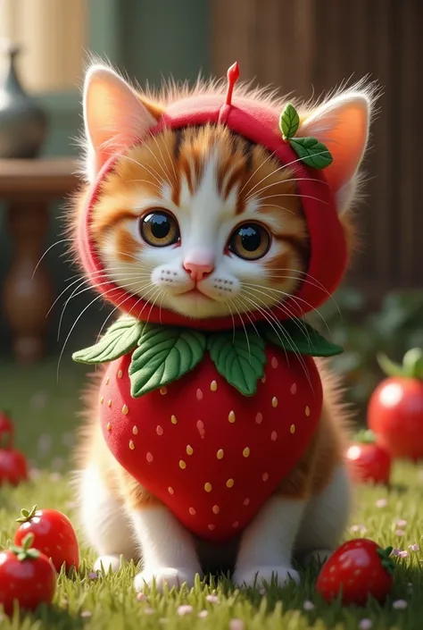 kitten　cute　Strawberry costume　background　Real