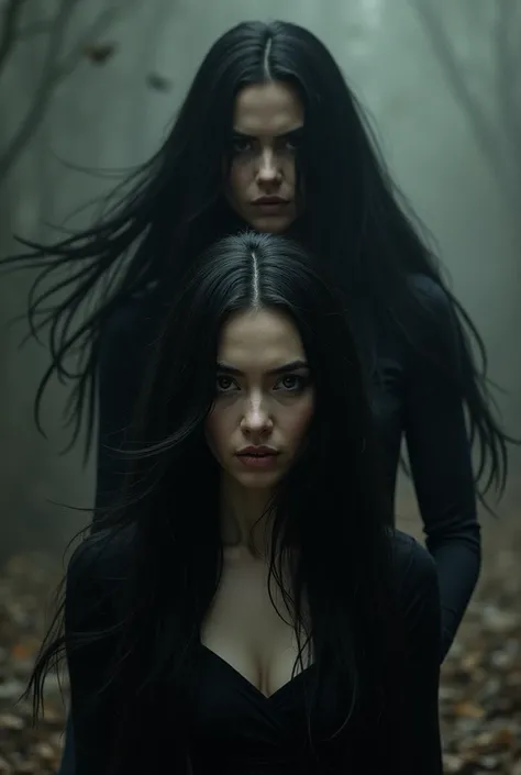 create an image of two just two identical women with long black hair, But that one is behind the other about to burn it and the other is scared looking in the front and that the photo has a gloomy atmosphere 