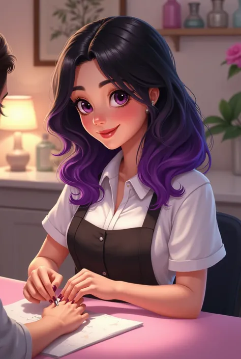 Manicurist chubby brunette wavy black hair with purple rays 