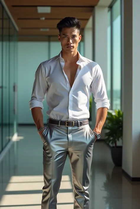 Handsome a little muscle office asia guy shiny silver pant 