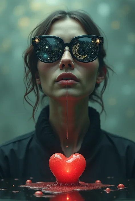 The model is wearing glass sunglasses with stars and the moon on the glasssomebody thinking standing overtop of a melting heart
