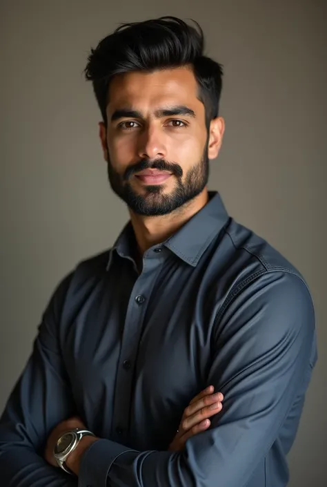 A handsome young Pakistani man looks on smiling , full photo, potrait mode, relastic, camera facing still