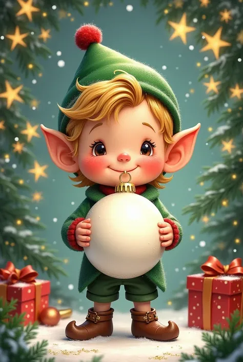 Little elf hat with blond hair holding a blank Christmas ball on a Christmas background 