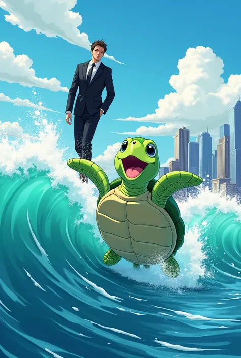  Generates an image with bright and cheerful colors sitting ,  with a cartoon style very similar to that of the anime ,  is about a sea turtle with an expression of joy rising from a wave of sea, behind her, a man who can be seen from the waist ,  wearing ...