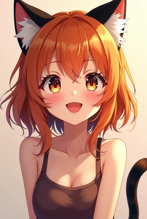 Anime wanita kucing, rambut berwarna orange dan hitan,
Mata berwarna hitan dan orange 
,muka gembira,ekor berwarna hitan dan orange 


