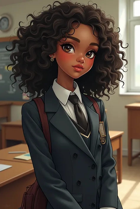 Pretty mixed  black extremely attractive  girl with curly hair in a school uniform 