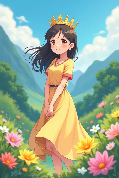 Create a Anime cartoon. A girl 18 years old . Wearing a simple long dress . ANU is written on his crown. And have a cute smile on her face . Background views like mountains and flowers in portant. Her name "ANU" write on her crown.