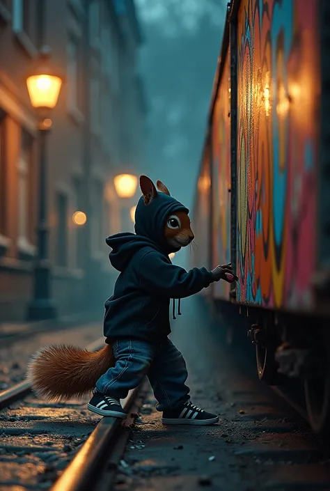 SQUIRREL as graffiti sprayer with black balaclava , hoodie and wide jeans with dark-clad Adidas sneaker  ,Does a train spray with graffiti full  ,Graffiti,  the train get up on tracks darkness , Lanterns ,realistic 