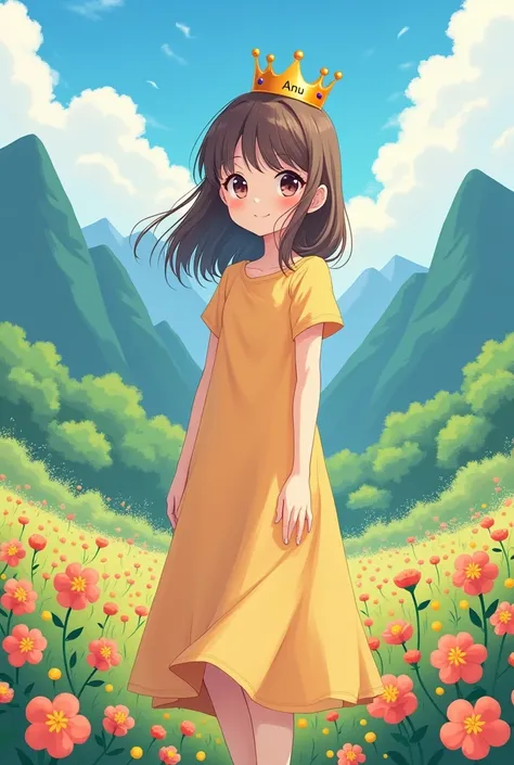 Create a Anime cartoon. A girl 18 years old . Wearing a simple long dress . ANU is written on his crown. And have a cute smile on her face . Background views like mountains and flowers in portant. Her name "ANU" write on her crown.