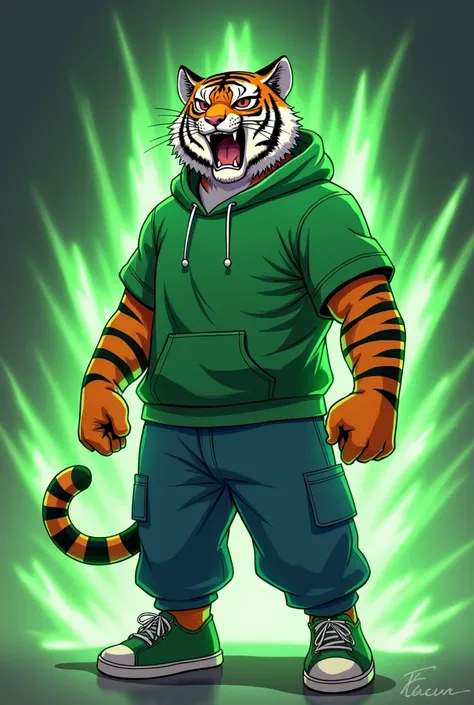 A somewhat strong but not much humanoid tiger ,  with a green sweatshirt and blue sweatpants and is in anime style. And luminescent green rays come out of his body, She has a hood on 