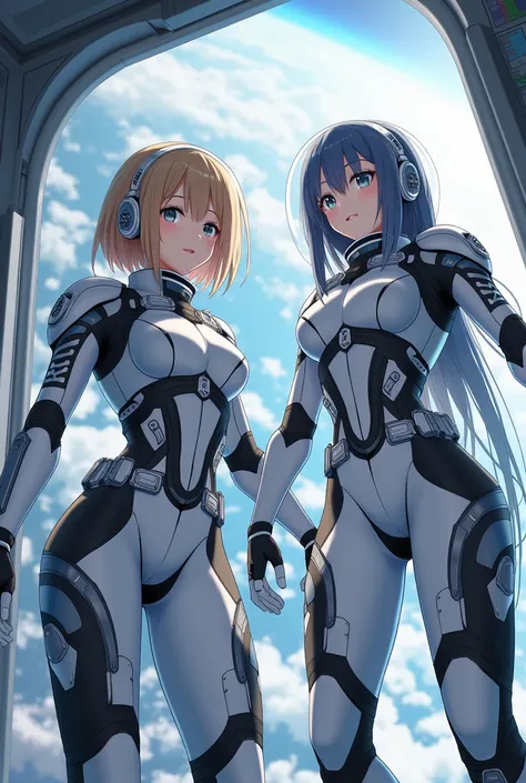 masterpiece:1.4, masterpiece, Highest quality, high resolution, newest, 2girls, friends, (group shot):5, (upper body):5, kyoto animation style, detailed, BREAK space station interior, zero gravity environment, floating, BREAK (white and black mechanical sp...