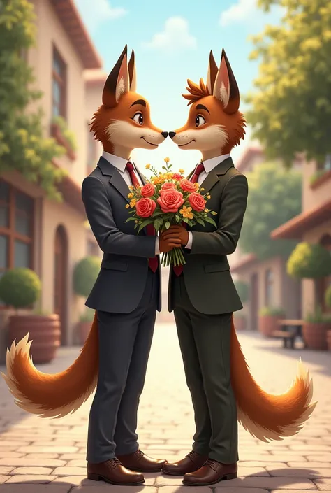 I want you to create a furry ,  of two two men who are couples who are meeting in a square for a date,  style drawing that one of them is greeting each other and the other has a bouquet of flowers .  I want both characters to have human similarities,  that...