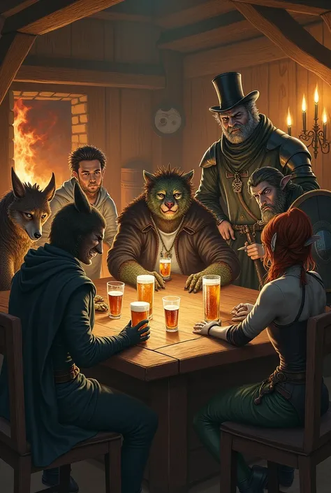  A boy mixed with a wolf covered in a hood sitting at a tavern table with a man mixed with a dragon,  a man mixed with a bear , a drinking elven boy ,  an elf girl dressed in leaves ,  a bard in a black suit and top hat , A knight with a shield and sword a...