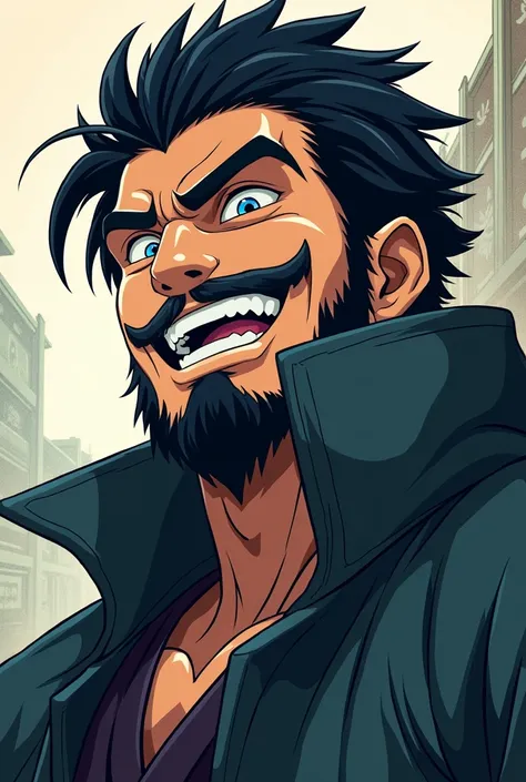 He is a tall white man with a lite beard, dark blue eyes, black hair and a shinobi, he was laughing,shonin anime character.