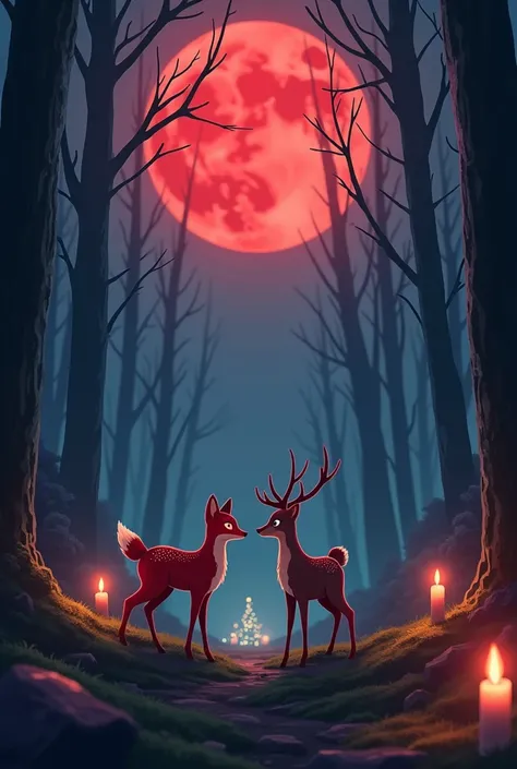 a Little fox and deer standing in the middle of a forest with a glowing tree in the background anime style,, dark atmosphere, night, moonlight, candles, blood moon 