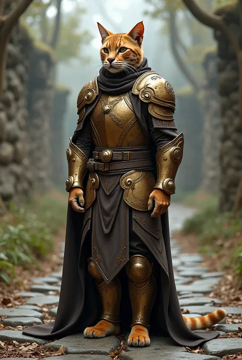  stands a cat in armor on a stone path, screenshot, inspired by Rajmund Kanelba, trend on cg society , Dau al-Seth,  anthropomorphic warlock leopard ,  male tabaxy ,  in intricate fur armor ,  armored cat companion ,  safijiva armor , eso armor ,  in golde...