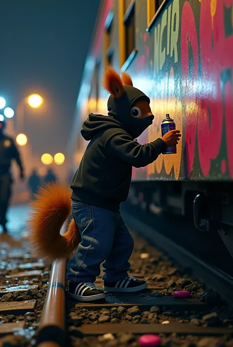 SQUIRREL as graffiti sprayer with black balaclava and cloth in front of mouth   , hoodie and wide jeans with dark-clad Adidas sneaker , Squirrel has a spray can in his hand and spray a train with graffiti on the bodwn are old spray cans ,Graffiti,  the tra...