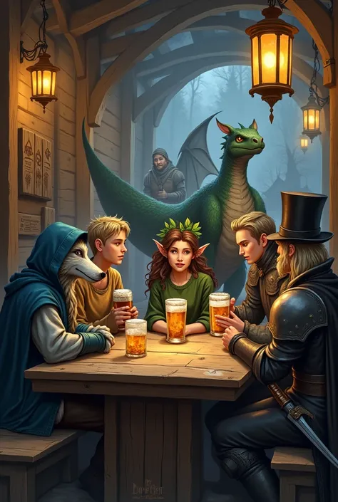  A wolf covered in a hoodie sitting at a tavern table with a dragon, A, a drinking elven boy ,  an elf girl dressed in leaves ,  a bard in a black suit and top hat , a blond knight with a shield and sword all drinking beer 
