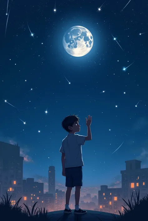  starry sky 　Night view　Emotional　Lots of shooting stars　One boy 　 looks over here and smiles and signs peace　Full Moon　Cityscape
