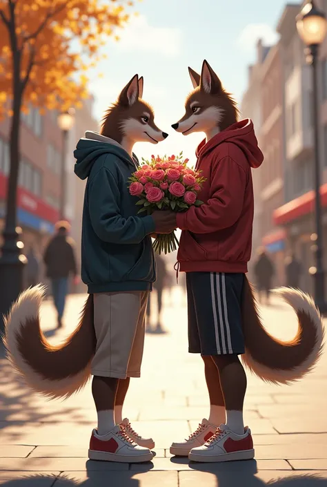 I want you to create a drawing in the realistic style But in the furry genre,  of two two men who are couples who are meeting in a square for a date,  style drawing that one of them is greeting each other and the other has a bouquet of flowers .  I want bo...