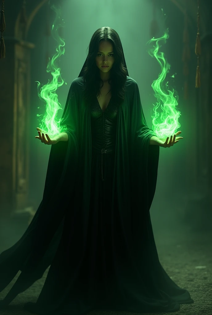 une femme  avec une longue cape noir et du feu vert 
 jaillit de ses mains 