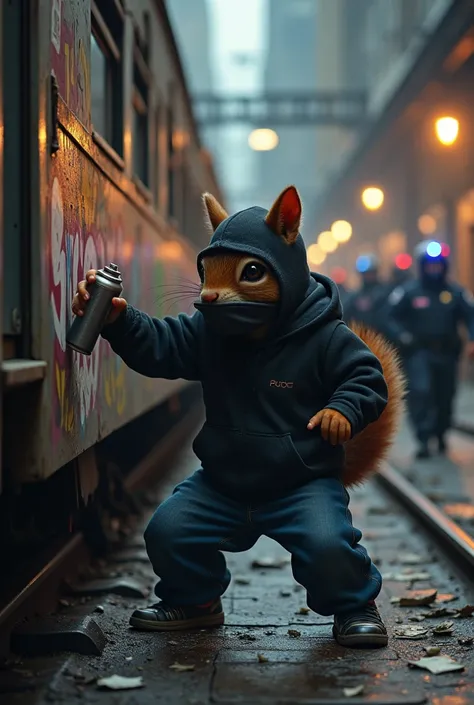 SQUIRREL with an aggressive facial expression as graffiti sprayer in the shade with black balaclava and a cloth over their mouth  , hoodie and wide jeans with dark-clad Adidas sneaker ,Squirrel has a spray can in his hand and spray a train with graffiti on...