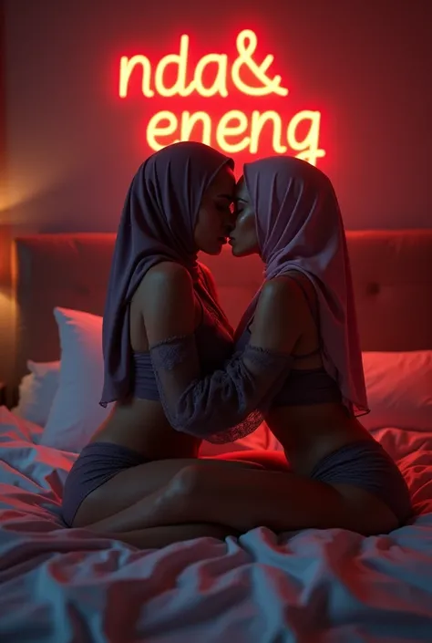 view room of beautiful hijab woman layin on bed,another hijab women layin on the bed, kissing,wearing lingerie,looking to the viewer,add slampu hias menyala warna warni written "Nda & Eneng" ,super realistic,super aesthetic, super realistic photo,