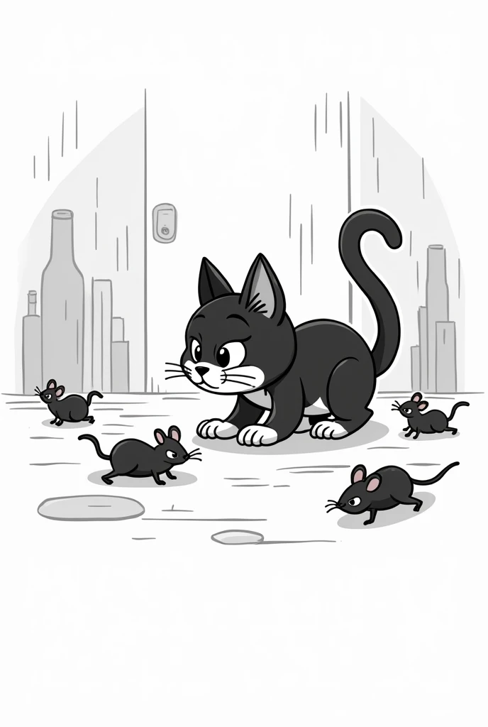 black and white cute cat cartoon stalking with mice scampering around
