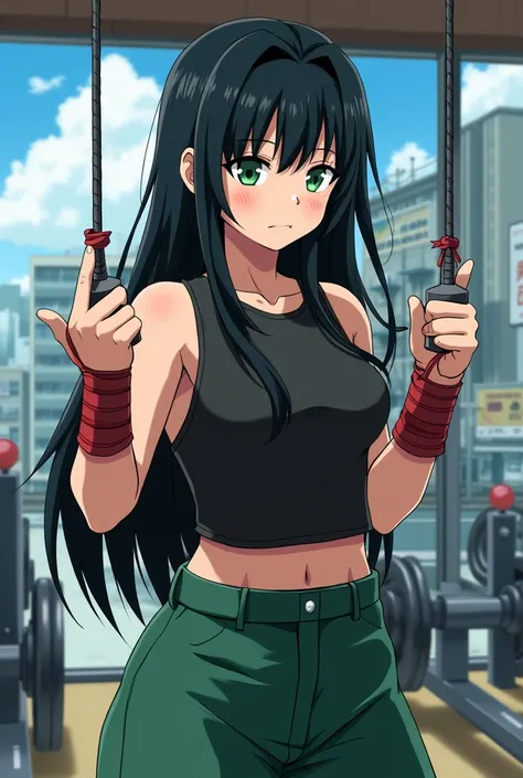  A capture of the anime Boku no Hero Academia, a girl with long straight black hair, hair combed backwards, almond-shaped green eyes, motivated expression ,  with ribbon around her hands ,  wearing a black sleeveless shirt ,  wide green pants ,  lifting sm...