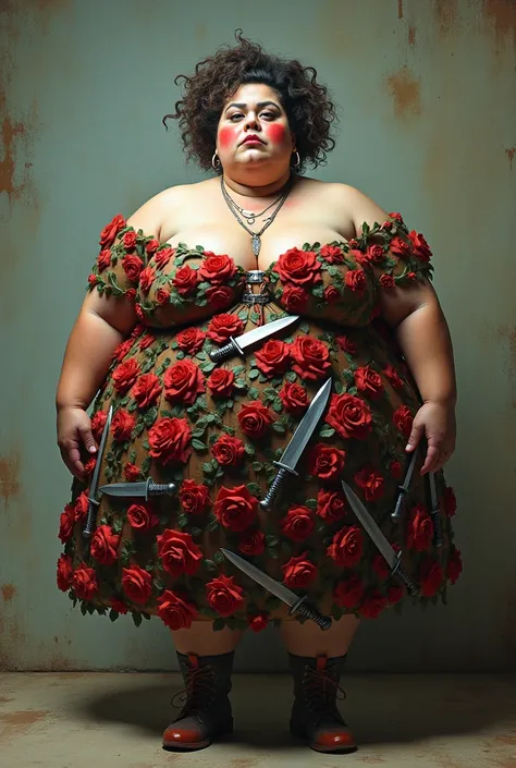 Invent an overweight and poorly painted transvestite wearing a dress made of roses and knives.