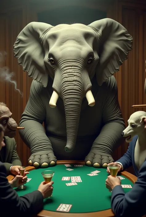 An elephant playing poker