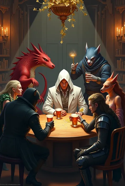  a hooded wolf sitting at a tavern table with a red dragon-man in a white suit, a man bear  , a braided dark elf drinking  ,   an elven woman in robes made of leaves  ,   a bard in a black suit and hat  ,   a blond knight with a shield and sword all drinki...