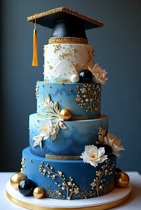 Elegant cake ,  stunning and modern 5-story high school graduation deep blue in gradient,  with white reliefs , glitters,  gold acrylic ornaments, with ,  golden rhinestone beads ,  with decorative gems , with black and white gold spheres ,  black cap with...