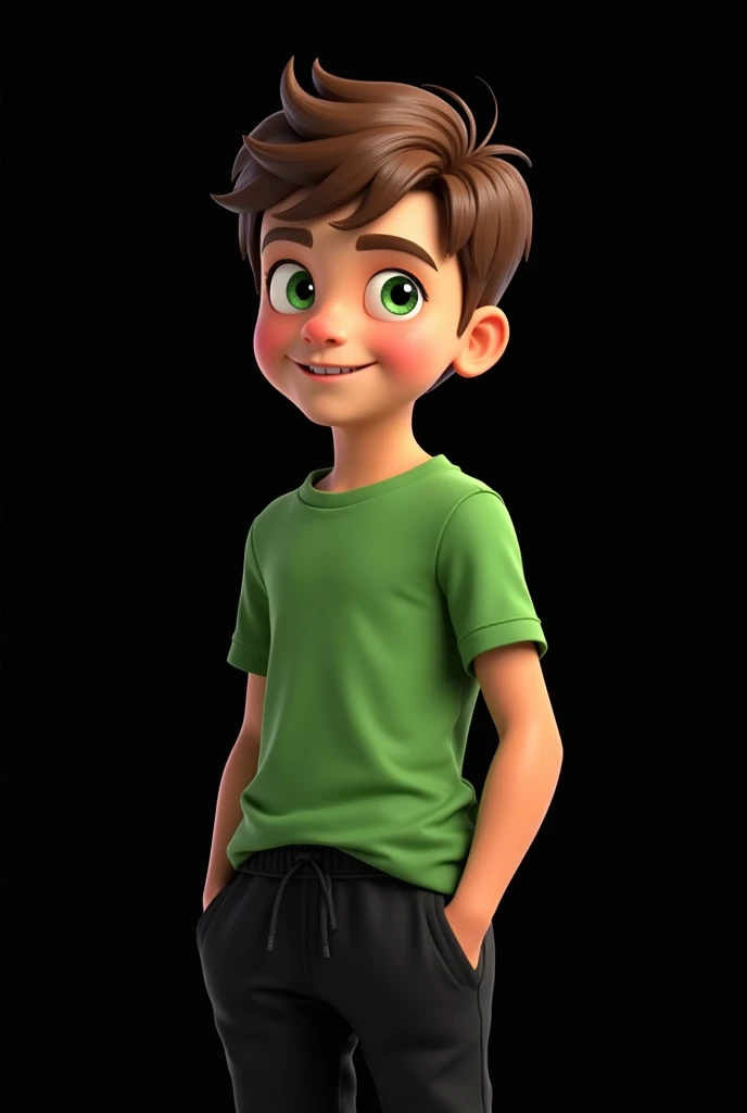 Young Ben Tennyson wear plane green T Shirt With Black Jogger And Smile with Black Background Detailed Image Clear 