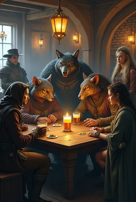  a wolf covered in a hoodie sitting at a tavern table with a red dragon-man, a man bear  ,  a dark elf with curled hair drinking  ,  an elven woman in robes made of leaves  , a musician in a black suit and hat  ,  a blond knight with a shield and sword all...