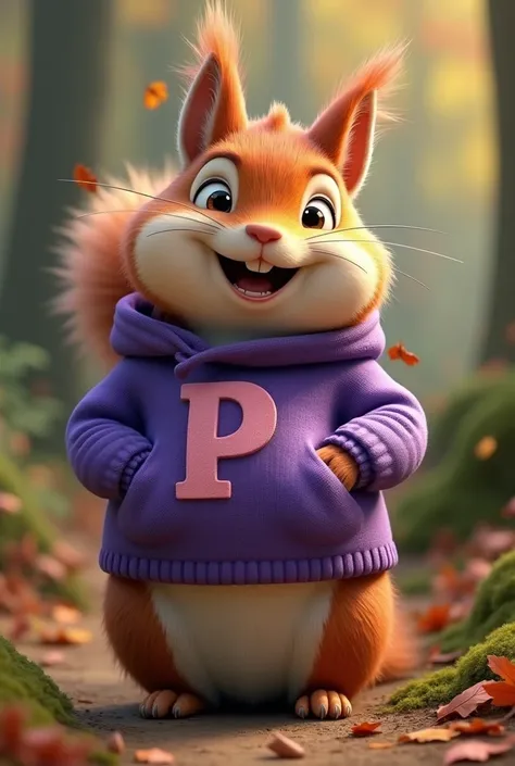 female squirrel with very very large chunks wearing purple sweater with a p