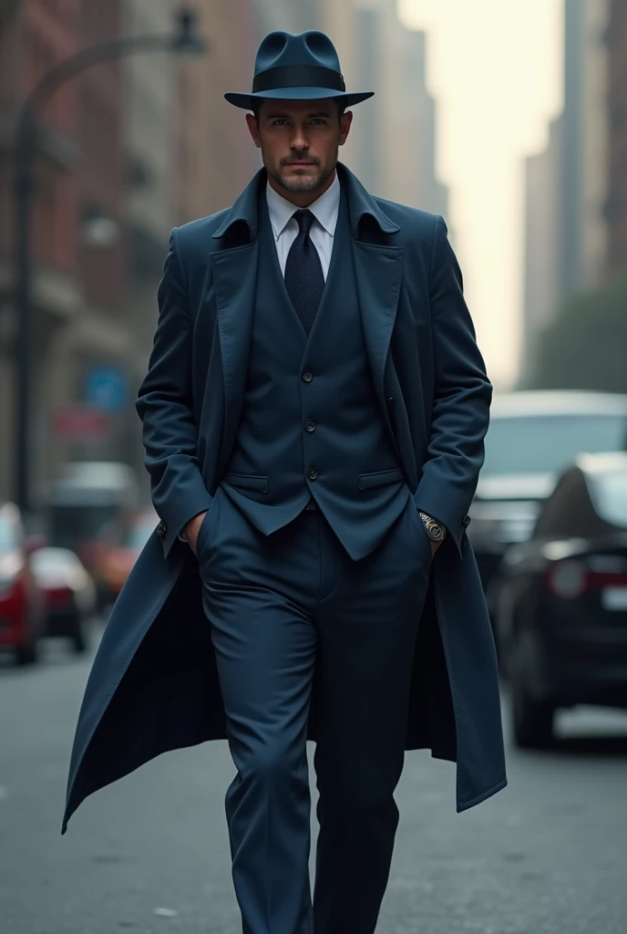 Man in a navy blue suit with a long coat and a Borsalino fedora walking to the right