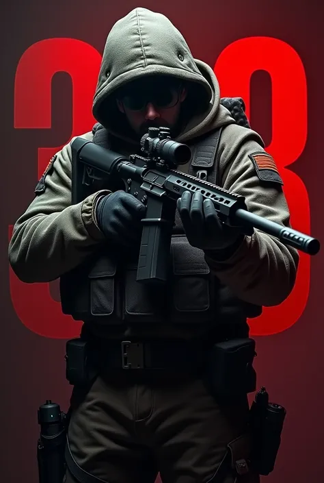 Create an image of a soldier ,  with a dark red background ,  with a sniper in his hands toward the camera with E a red text written D3m0mark