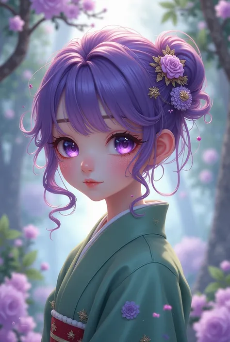 girl in fractal detailed beatiful heavinly, tama, purple hair, purple eyes, blush stickers, hair ornament, hair bun, Japanese clothes, green kimono