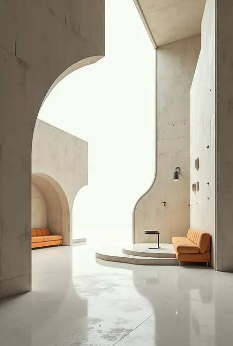  A photographic studio with retrofuturistic elements ( lightly colored )  and Brutalist architecture  (cement on the walls )  that the studio has a white background (without people)
 do as realistic as possible 