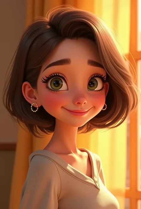 40-year-old young woman, short shoulder-length hair, brown, dark green eyes, small earrings, that is an animated Pixar Disney style image.