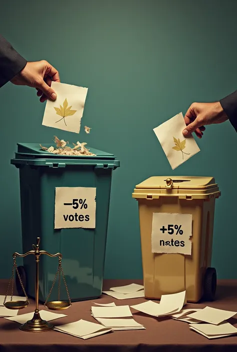 Left side, a dustbin, a dual flags symbol, a microphone symbol papers, and a dual scale symbol papers, dual leaf symbol papers are dropped into dustbin, dustbin name is -5% votes.

Right side, vote box, vote box name is +5% Votes, Papers name is SJB & NPP