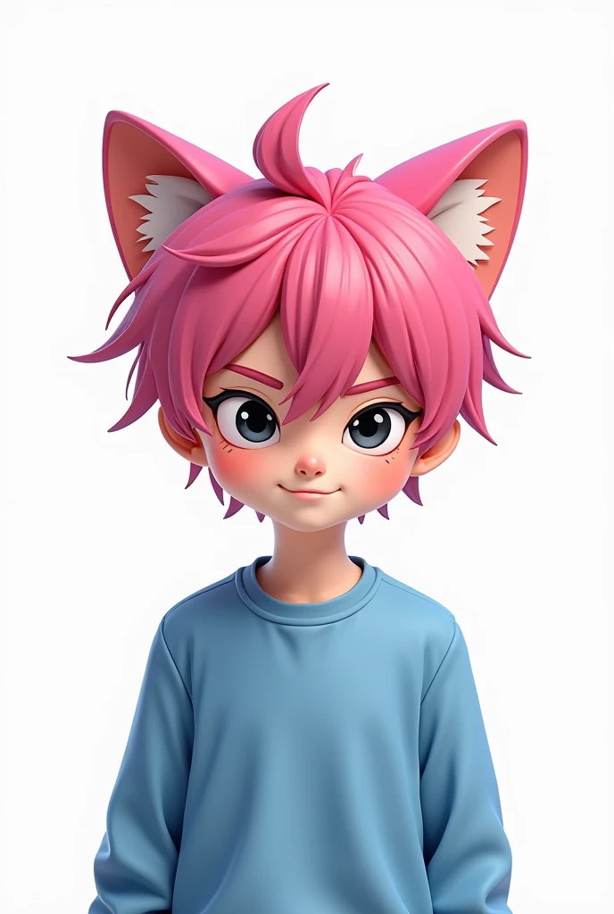 Cartoon male character cartoon hot pink hair black eyes blue sweatshirt White background and only the head is a cats ear