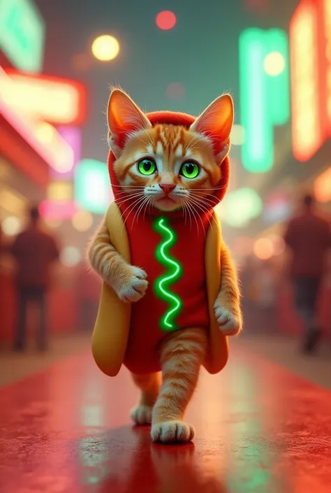 Circle々kitten ,    bright   , Real Cat,   confident green glowing eyes , Put on a hot dog costume  ,     walk the fast food runway  
