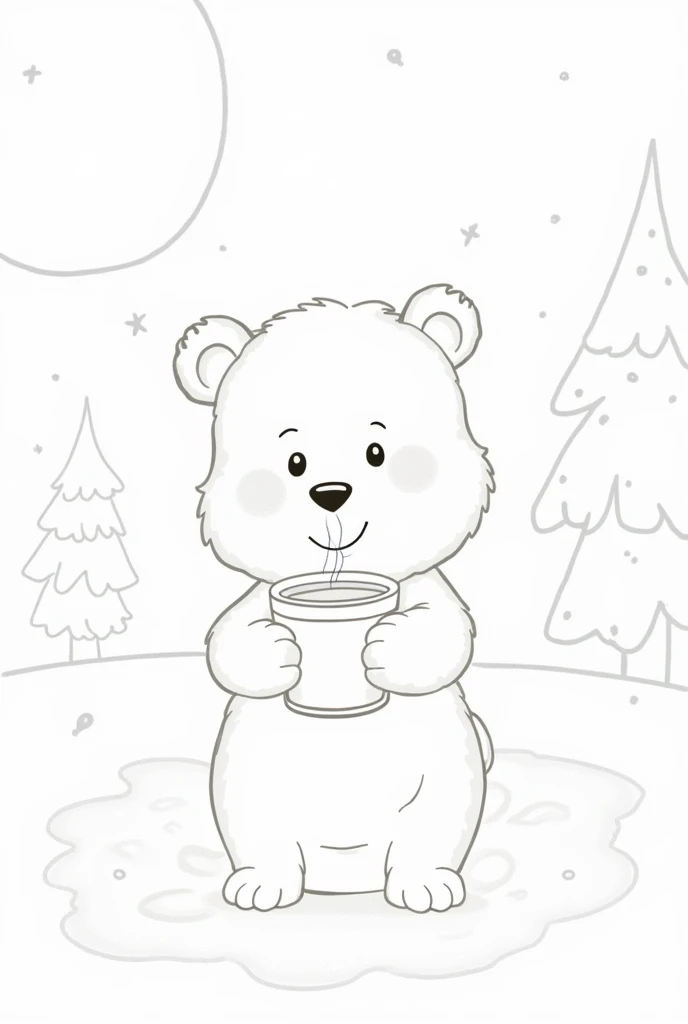 A black 
line drawing of a cute bear drinking hot chocolate outside in a christmas scene in a simple style 