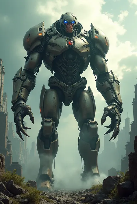 Prompt: Design an image of a hybrid creature that merges the characteristics of a cyborg and a titan. This extraordinary being has a towering stature, with a blend of organic and mechanical features. Its arms are powerful and muscular, crafted from a combi...