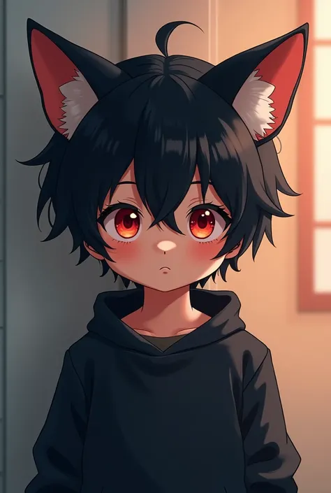 A boy in the animation style ,  he has cat ears on his head,  black hair ,  black sweatshirt and red eyes 