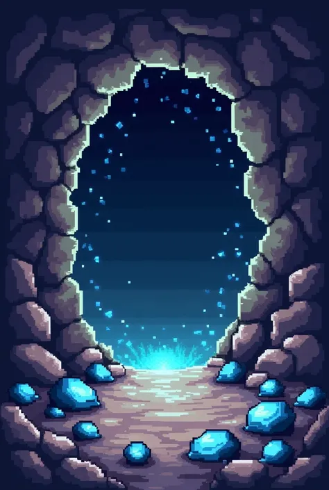 An image of a pixelated cave entrance with shiny stones in 16 format:4