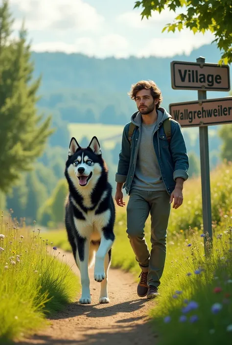 {
  "prompt": "A YouTube thumbnail in landscape format showing a young man walking with his black-and-white Husky with bright blue eyes through a scenic countryside setting. The Husky appears excited, with a confident stance, while the young man walks besi...