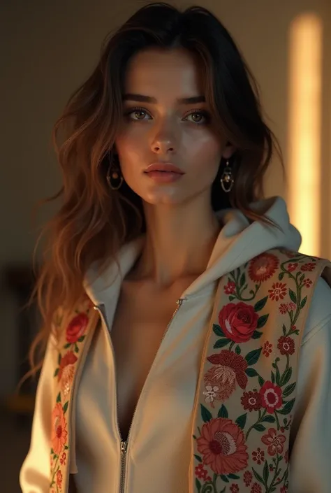 a beautiful girl in an embroidered sleeveless jacket, a hoodie top under the jacket, detailed face, detailed eyes, beautiful lips, long eyelashes, detailed clothing, detailed fabric textures, serene expression, natural lighting, soft colors, ambient lighti...